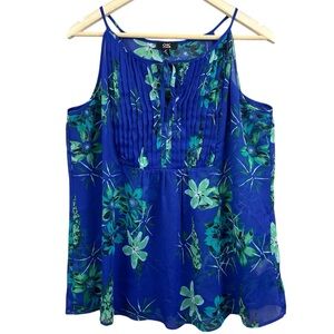 Chic by Jacob Blue Floral Sheer Pleated Tank Top Blouse Size Large